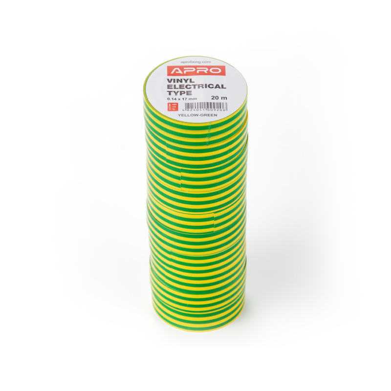 Ізоляційна стрічка 0,14мм*17мм*20м жовто-зелена (пач 10шт) APRO - Зображення 3