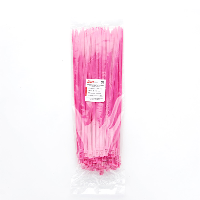 Стяжка кабельна з низьким профілем замку 8x400 рожевий (100шт) APRO - Зображення 6