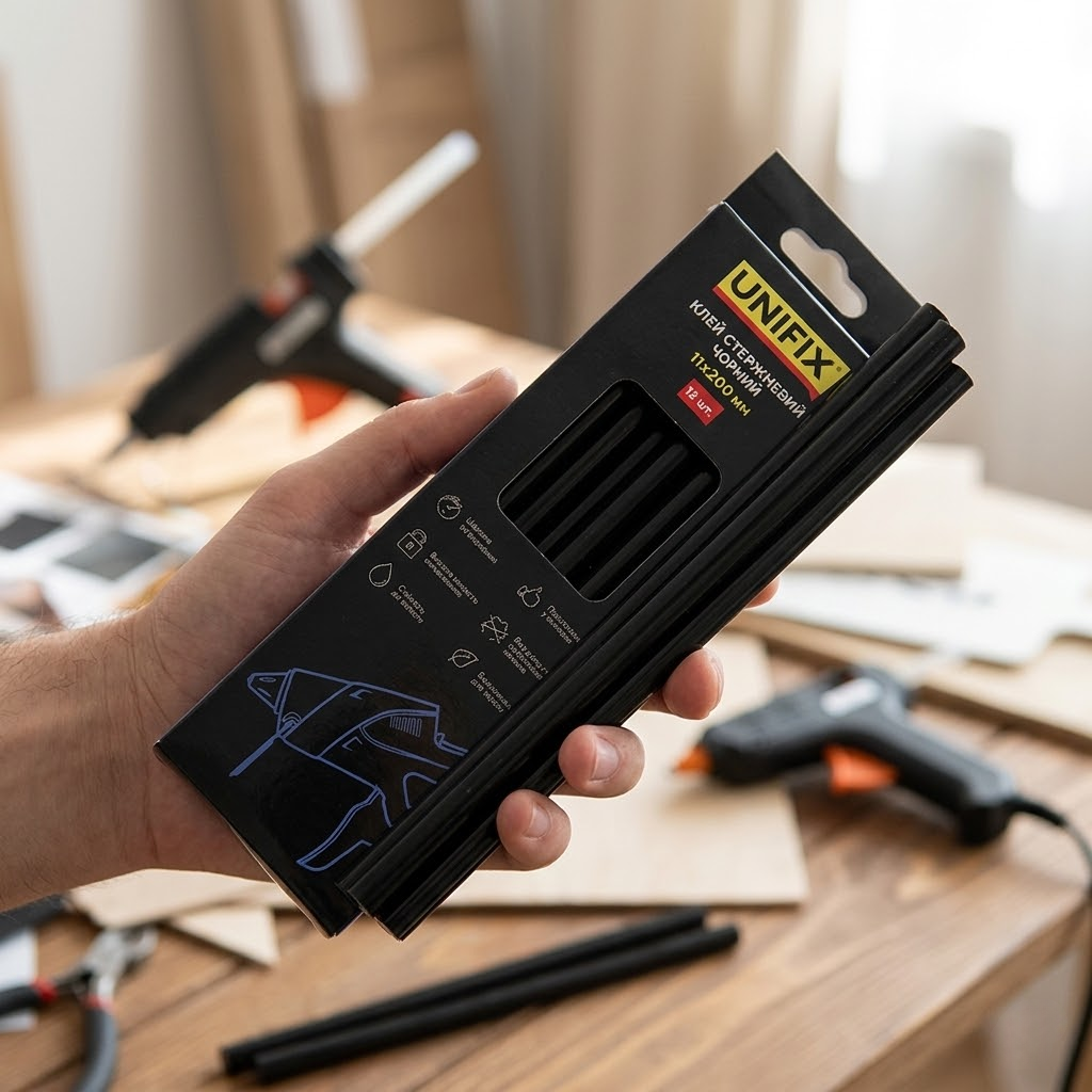 Клей стержневой черный UNIFIX 11х200 мм 12 шт в коробке для склеивания термопистолетом