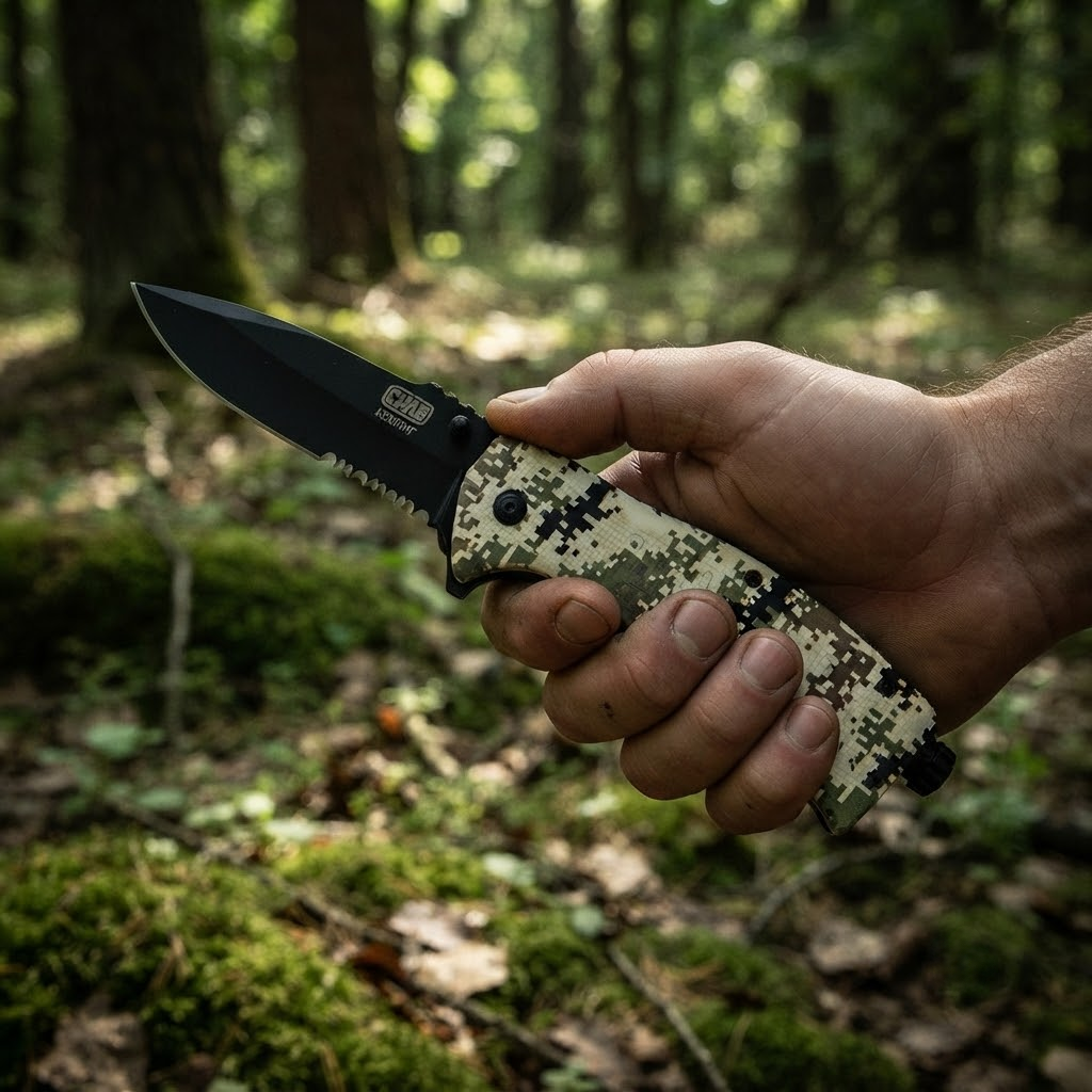Складной нож Серра СИЛА с темным лезвием Drop Point Serrated из нержавеющей стали 420 и рукояткой ABS