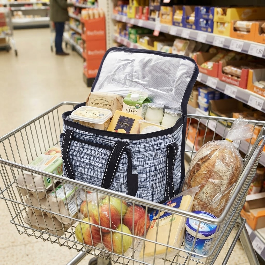 Термосумка СИЛА 15 л чорно-біла 32x20x24 см з поліестеру 600D для продуктів і напоїв